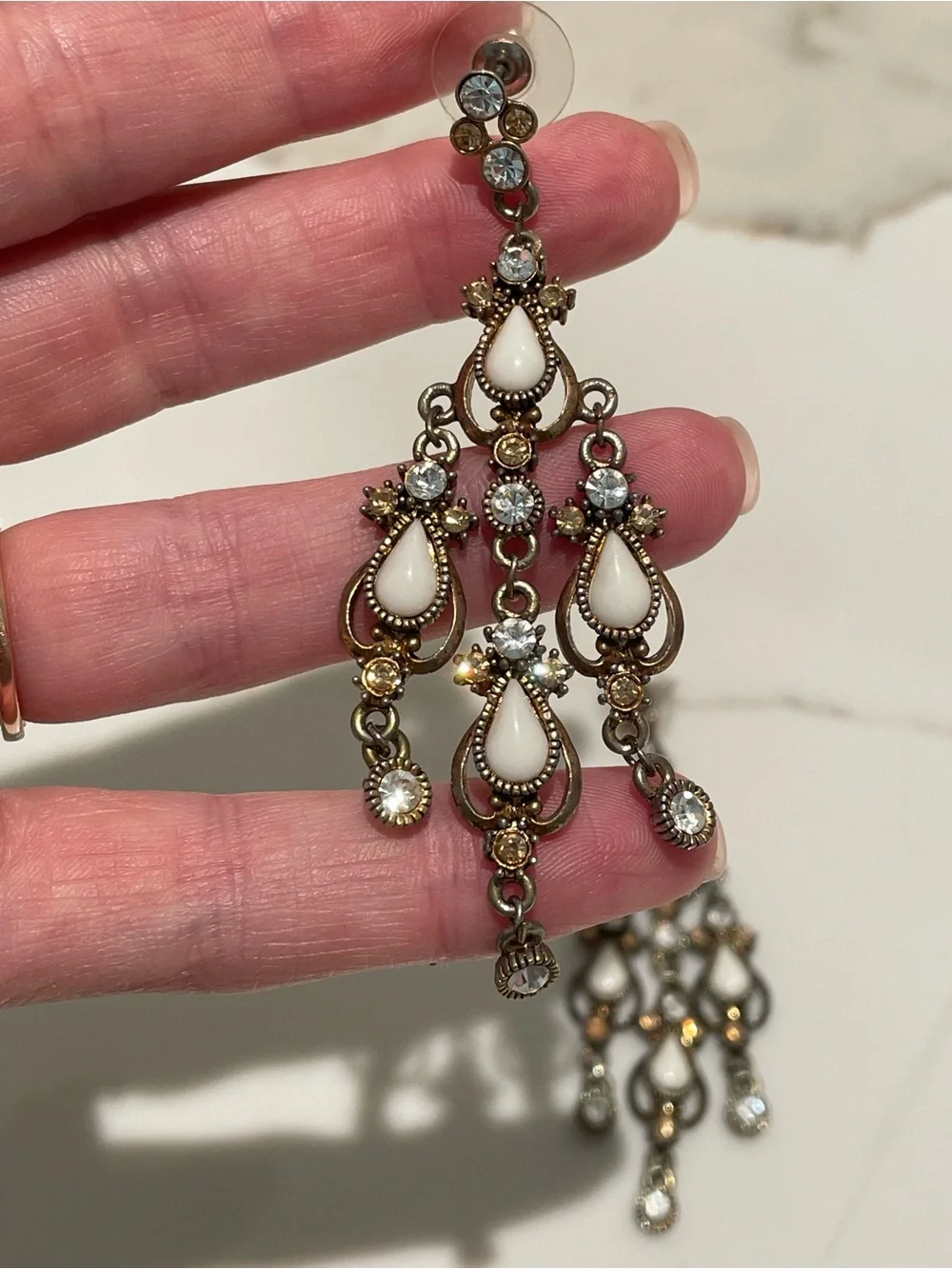 Vintage-Inspired White Teardrop Chandelier Earrings